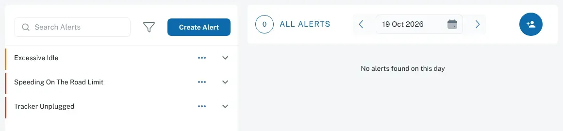 The Alerts screen, with three alert rules listed on the left, each with a coloured priority bar