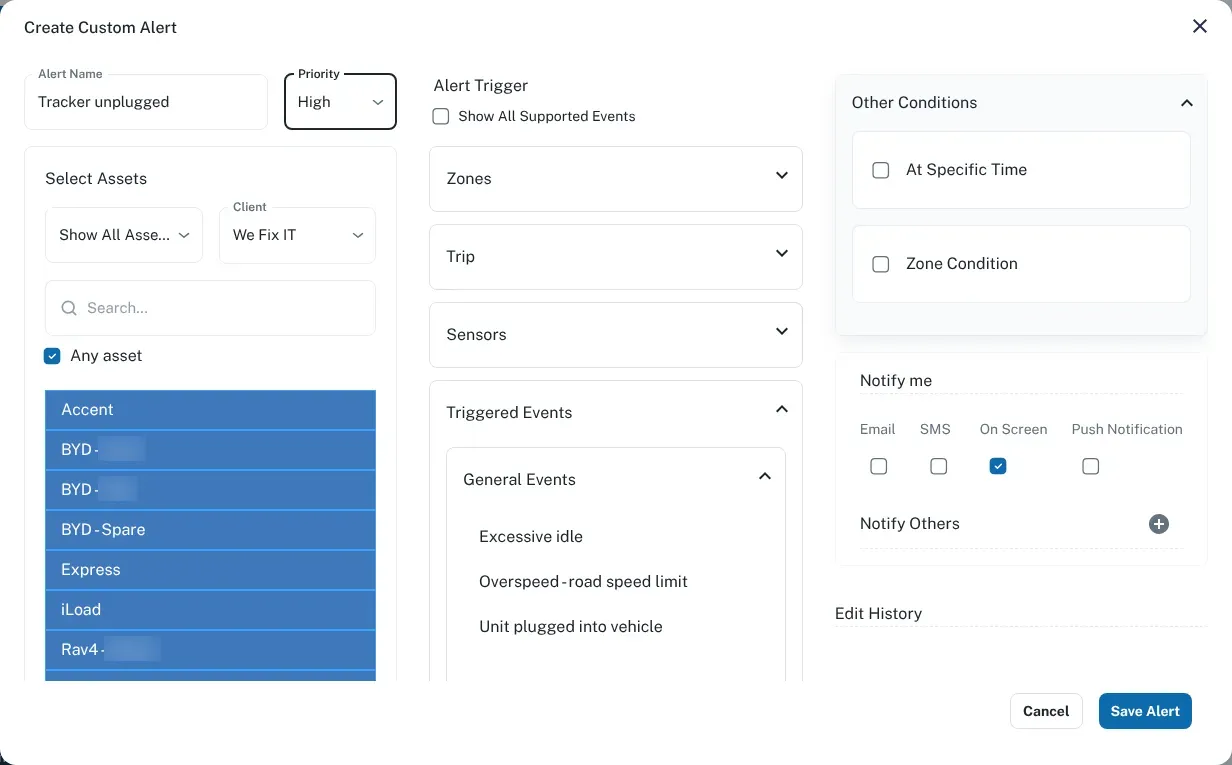The Create Custom Alert form filled in for a tracker-unplugged rule, with High priority, all vehicles selected, and the trigger list open