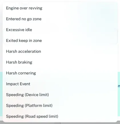 The Violation Report’s list of violation types, including harsh acceleration, braking and cornering, excessive idle and speeding