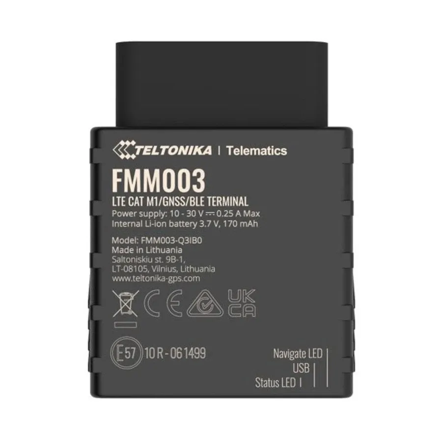 The Teltonika FMM003 plug-in GPS tracker, label side, with its OBD-II plug on top