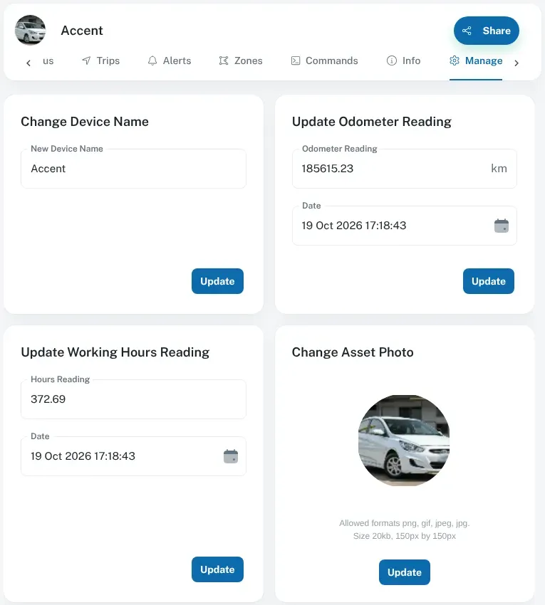 A vehicle’s Manage tab, with the Update Odometer Reading and Update Working Hours Reading fields
