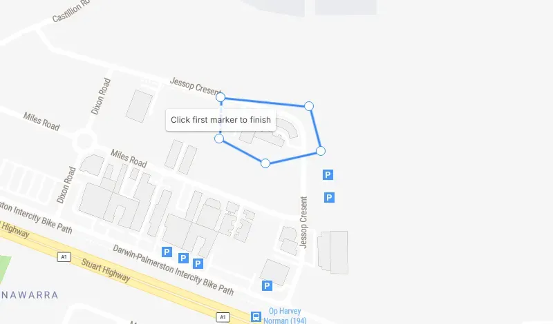 Drawing a polygon zone around a site on the map. Clicking the first corner again finishes the zone