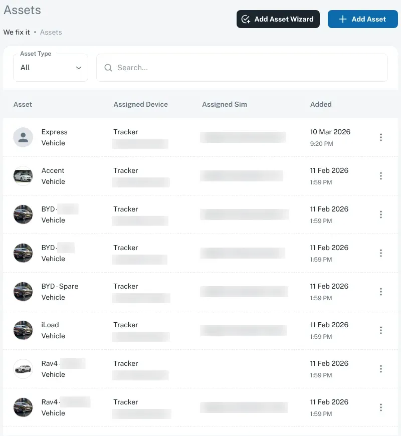 The Assets list under Admin, showing each vehicle’s name and type, with tracker and SIM numbers blurred
