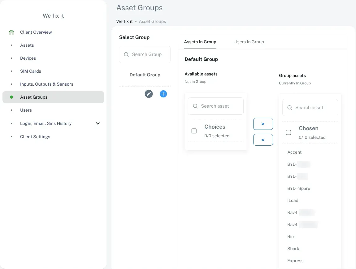 The Asset Groups screen, with a group selected and the vehicles in it listed under Group assets