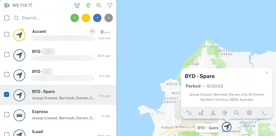 A vehicle on the live map, with its status and last update time in the pop-up and how long ago it reported in the vehicle list