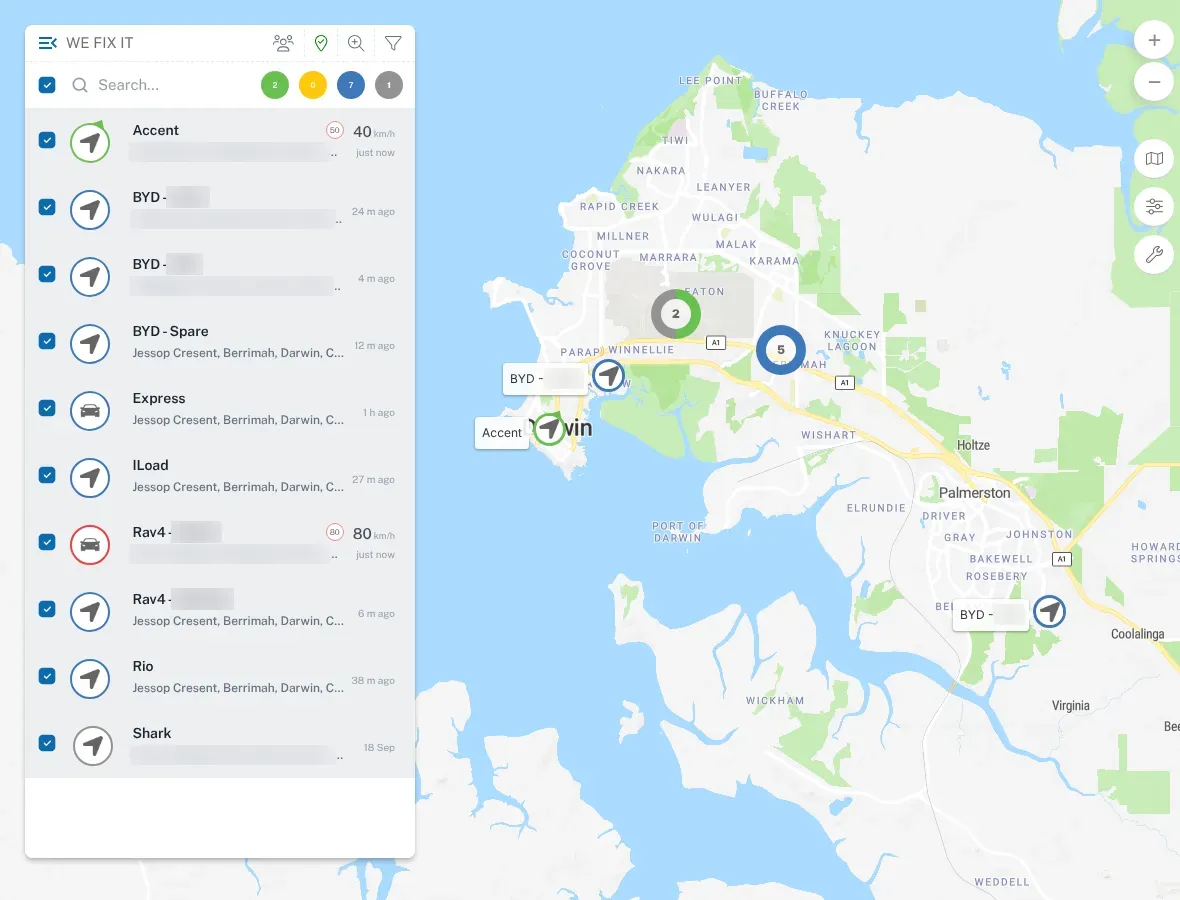 The live map zoomed out to Darwin, with the vehicle list on the left and each vehicle shown on the map