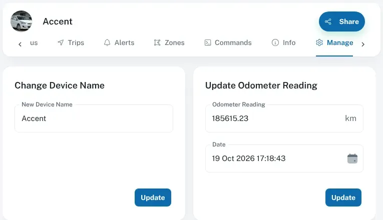 A vehicle’s Manage tab, with the Change Device Name and Update Odometer Reading fields