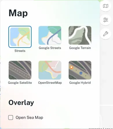The map layer menu, with Streets, Google Streets, Google Terrain, Google Satellite, OpenStreetMap and Google Hybrid
