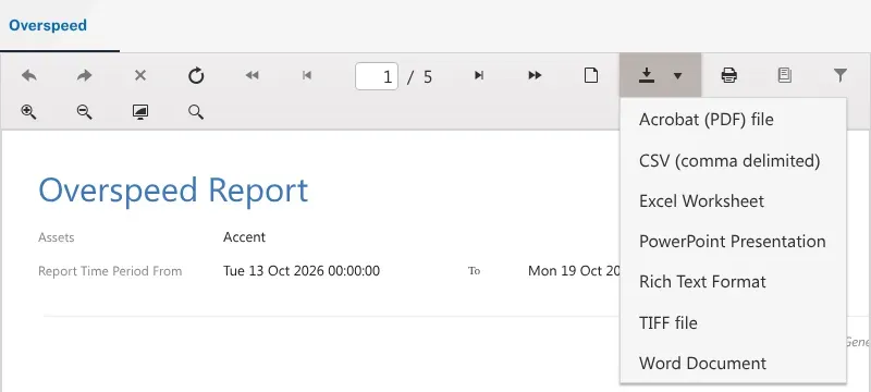 The report viewer with its download menu open, listing PDF, CSV, Excel, PowerPoint, Rich Text, TIFF and Word formats