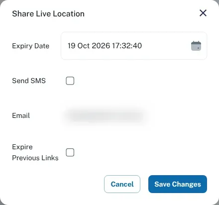 The Share Live Location window, with the expiry date, Send SMS, email and Expire Previous Links options
