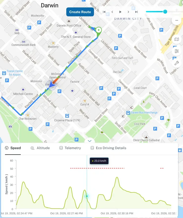 Trip playback paused part-way through, with the vehicle marker on its route and the matching point marked on the speed graph